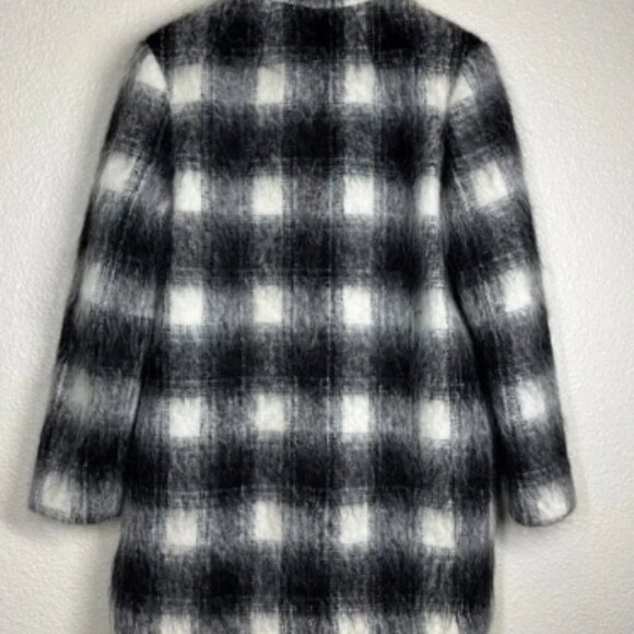 Theory Shaggy Pea Coat Cafe Lithe Wool Blend Black/White Check - Picture 2 of 5